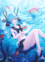 Rule 34 | 1girl, absurdly long hair, absurdres, air bubble, anniversary, aqua eyes, aqua hair, artist name, artist request, bare legs, black bow, black neckerchief, black skirt, blue eyes, blue hair, bottle miku, bow, breasts, bubble, cleavage, clothes lift, collarbone, feet, female focus, fish, floating, hair bow, hatsune miku, highres, long hair, neckerchief, ocean, seafloor, ryon y0421, sailor collar, shirt, skirt, skirt lift, small breasts, solo, twintails, underwater, very long hair, vocaloid, white shirt
