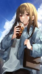 Rule 34 | 1girl, :o, absurdres, bag, black pants, blue jacket, blue sky, blush, brown eyes, brown hair, cloud, coffee, coffee cup, cup, denim, denim jacket, disposable cup, earrings, from below, hand up, handbag, highres, holding, holding cup, jacket, jewelry, kimae, long hair, long sleeves, looking at viewer, looking down, original, outdoors, pants, parted lips, railing, shirt, sky, solo, standing, white shirt
