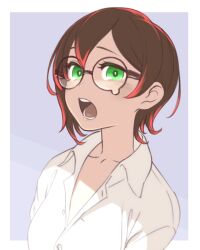Rule 34 | 1girl, alternate costume, blue background, border, breasts, brown hair, collared shirt, colored tips, dress shirt, glasses, green eyes, highres, hololive, looking at viewer, magari (c0rn3r), medium breasts, multicolored hair, open mouth, outside border, partially unbuttoned, popped collar, red hair, roboco-san, round eyewear, shirt, short hair, solo, teardrop-framed glasses, upper body, virtual youtuber, white border, white shirt