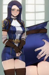 Rule 34 | 1boy, 1girl, arcane: league of legends, arcane caitlyn, ascot, ass, ass grab, belt, blush, breasts, brown belt, brown gloves, brown thighhighs, caitlyn (league of legends), commentary, cowboy shot, dress, fingerless gloves, gloves, highres, large breasts, league of legends, looking at viewer, multiple views, own hands together, purple dress, ratatatat74, short sleeves, teeth, thighhighs, upper teeth only, white ascot