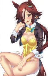 Rule 34 | 1girl, animal ears, aqua bow, aqua bowtie, black jacket, bow, bowtie, breasts, brown eyes, brown hair, commentary request, cropped jacket, crossed legs, crow (crowatelier), detached collar, ear ornament, glaze artifacts, gold leotard, hair over one eye, highleg, highleg leotard, horse ears, horse girl, horse tail, jacket, leotard, long hair, medium breasts, multicolored hair, nontraditional playboy bunny, open clothes, open jacket, open mouth, simple background, smile, solo, strapless, strapless leotard, streaked hair, tail, two-tone bowtie, umamusume, vodka (umamusume), white background, white hair, yellow bow, yellow bowtie, yellow leotard