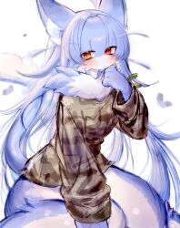 Rule 34 | 1girl, blue hair, blush, character request, check character, closed mouth, fur collar, furry, furry female, furry male, heterochromia, japan air self-defense force omaezaki sub-base, long hair, orange eyes, original, red eyes, simple background, solo, sweater, usa37107692, white background
