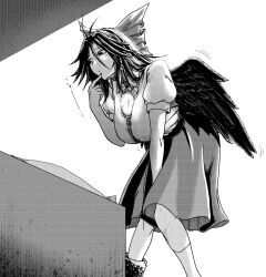 Rule 34 | 1girl, antenna hair, asymmetrical footwear, bare arms, blouse, bow, commentary request, feet out of frame, finger to mouth, glowing, greyscale, hair between eyes, hair bow, hand up, koyubi (littlefinger1988), leaning forward, long hair, medium skirt, mismatched footwear, monochrome, puffy short sleeves, puffy sleeves, reiuji utsuho, shirt, short sleeves, skirt, slit pupils, solo, standing, third eye, touhou, translation request, wings