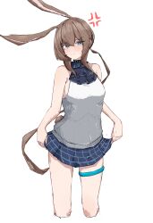 Rule 34 | 1girl, absurdres, amiya (arknights), anger vein, angry, animal ears, arknights, ascot, bare arms, bare shoulders, blue eyes, blue skirt, blush, breasts, brown hair, closed mouth, commentary request, highres, long hair, looking at viewer, plaid, plaid skirt, pleated skirt, ponytail, rabbit ears, rabbit tail, shirt, simple background, skirt, skirt hold, solo, tail, thigh ring, tobildesu, v-shaped eyebrows, white background, white shirt