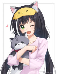 Rule 34 | 1girl, ;d, animal ear fluff, animal ears, bad id, bad pixiv id, black hair, cat ears, cat girl, collarbone, green eyes, heart, holding, holding stuffed toy, hugging doll, hugging object, karyl (princess connect!), long hair, long sleeves, looking at viewer, low twintails, multicolored hair, one eye closed, open mouth, pajamas, pink pajamas, princess connect!, smile, solo, streaked hair, stuffed animal, stuffed cat, stuffed toy, twintails, twitter username, white background, white hair, yumoran