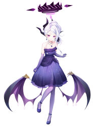 Rule 34 | 1girl, bare shoulders, bat wings, blue archive, cocktail dress, demon girl, demon horns, dress, earrings, formal, full body, halo, highres, hina (blue archive), hina (dress) (blue archive), horns, jewelry, low wings, necklace, purple dress, purple eyes, simple background, solo, standing, strapless, strapless dress, tachi-e, white hair, wings, youta
