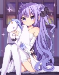Rule 34 | 1girl, ass, azur lane, collarbone, commentary request, detached sleeves, dress, garter straps, hair bun, highres, long hair, looking at viewer, one side up, purple eyes, purple hair, sapphire (sapphire25252), side bun, single hair bun, single side bun, sitting, solo, stuffed animal, stuffed pegasus, stuffed toy, stuffed unicorn, stuffed winged unicorn, thighhighs, unicorn (azur lane), white dress, white thighhighs