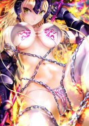 Rule 34 | 1girl, absurdres, bikini, blonde hair, breasts, chain, cleavage, fate/grand order, fate (series), floating hair, gauntlets, highres, holding, holding weapon, jeanne d&#039;arc (fate), jeanne d&#039;arc alter (avenger) (fate), jeanne d&#039;arc alter (fate), large breasts, long hair, looking at viewer, ogata tei, parted lips, partially visible vulva, polearm, print bikini, solo, swimsuit, thighhighs, underboob, very long hair, weapon, white bikini, white thighhighs, yellow eyes