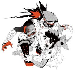 2boys bakugou_katsuki battle belt blood boku_no_hero_academia boots broken_arm eye_mask fangs gloves hat hood hood_down male_focus mask midoriya_izuku monochrome multiple_boys nosebleed redshu_ktdk superhero_costume unworn_mask white_background