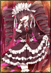 Rule 34 | 10s, 1girl, black hair, bonnet, braid, card, celestia ludenberg, clothes lift, covering crotch, covering own mouth, covering privates, danganronpa: trigger happy havoc, danganronpa (series), drill hair, earrings, framed, frilled skirt, frills, gothic lolita, hairband, jewelry, lolita fashion, lolita hairband, long hair, long sleeves, looking at viewer, mari audio, necktie, red eyes, shirt, skirt, skirt lift, solo, thighhighs, twin braids, twin drills, twintails, very long hair, walking, white thighhighs, zettai ryouiki