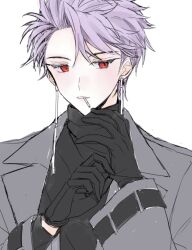 Rule 34 | 1boy, ash im, black gloves, black sweater, cigarette, commentary request, earrings, gloves, grey jacket, highres, jacket, jewelry, korean commentary, long sleeves, male focus, open clothes, open jacket, purple hair, red eyes, saibou shinkyoku, short hair, simple background, solo, sweater, theodore riddle, turtleneck, turtleneck sweater, white background
