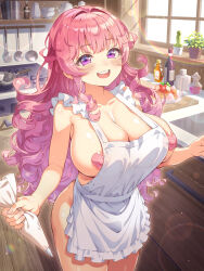 Rule 34 | 1girl, apron, blush, bottle, breasts, cactus, cleavage, collarbone, commentary request, covered erect nipples, curly hair, food, fruit, heart, heart pasties, highres, holding, indoors, kitchen, large breasts, lens flare, looking at viewer, naked apron, open mouth, original, pancake, pancake stack, pasties, pink hair, plant, plate, potted plant, purple eyes, rainbow, reisen balrog, sexually suggestive, smile, solo, sparkle, standing, strawberry, teeth, thighs, upper teeth only, white apron
