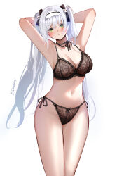 Rule 34 | 1girl, armpits, arms behind head, artist name, black bra, black ribbon, blush, bra, breasts, cleavage, cowboy shot, girls&#039; frontline, green eyes, hair ribbon, hairband, highres, hk433 (girls&#039; frontline), hk433 (sweetheart&#039;s family kitchen) (girls&#039; frontline), ksartworks, large breasts, lingerie, long hair, looking at viewer, neck ribbon, panties, parted lips, ribbon, side-tie panties, solo, straight-on, twintails, underwear, white hair, white hairband