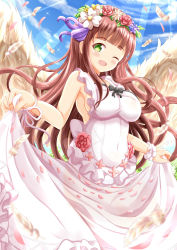 Rule 34 | 1girl, ;d, bare shoulders, black bow, blush, bow, breasts, brown hair, brown wings, commentary request, covered navel, day, dress, feathered wings, flower, flower wreath, gochuumon wa usagi desu ka?, green eyes, head wreath, highres, long hair, medium breasts, one eye closed, open mouth, outdoors, red flower, red rose, rose, skirt hold, sleeveless, sleeveless dress, smile, solo, ujimatsu chiya, very long hair, white dress, white flower, wings, xenon (for achieve), yellow flower