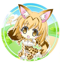 Rule 34 | 1girl, animal ears, blush stickers, bow, breasts, brown eyes, cat ears, cat girl, cat tail, chibi, commentary request, elbow gloves, gloves, kemono friends, light brown hair, lowres, medium breasts, medium hair, microskirt, open mouth, panties, polka dot, polka dot bow, polka dot legwear, seiza, serval (kemono friends), sign, sitting, skirt, smile, solo, tail, underwear, white panties, yamamoto kazue