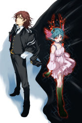 Rule 34 | 10s, 1boy, 1girl, antlers, beard, blue hair, bob cut, brown hair, c (control), classictime, dress, eating, facial hair, formal, hands in pockets, head wings, height difference, highres, horns, mikuni souichirou, money, monster girl, mouth hold, pale skin, q (control), red eyes, suit, waistcoat, wings, yellow eyes