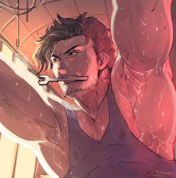 Rule 34 | 1boy, armpits, bara, bare pectorals, blue tank top, facial hair, goatee, granblue fantasy, large pectorals, male focus, manly, medium hair, mouth hold, muscular, nipples, open mouth, pectorals, rackam (granblue fantasy), rybiok, see-through, sideburns, solo, sweat, tank top, upper body, working