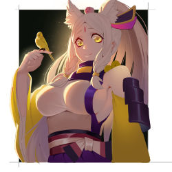 Rule 34 | 1girl, animal ears, armor, bare shoulders, bird, bird on hand, black background, braid, breasts, character request, chick, closed mouth, commentary, detached sleeves, extra ears, eyeshadow, facial mark, forehead mark, fox ears, gaoyang ou nisang, highres, japanese armor, japanese clothes, kusazuri, large breasts, long hair, long sleeves, looking at viewer, makeup, obi, onmyoji, ponytail, sash, side braid, smile, solo, twin braids, upper body, wide sleeves, wolf ears, yellow eyes