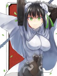 Rule 34 | 1girl, arms up, bad id, bad pixiv id, black gloves, black hair, bodysuit, breasts, bun cover, cape, chinese clothes, commentary request, confetti, double bun, elbow gloves, eyeshadow, fate/grand order, fate (series), gloves, green eyes, green ribbon, hair bun, hair ribbon, holding, holding weapon, large breasts, looking at viewer, makeup, polearm, qin liangyu (fate), ribbon, short hair, smile, solo, spear, suminagashi, taut clothes, upper body, weapon, white background, white cape