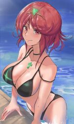 Rule 34 | 1girl, absurdres, bikini, black bikini, breasts, calmgreentori, cleavage, closed mouth, commentary, cross, english commentary, headpiece, highres, large breasts, looking at viewer, pyra (xenoblade), red eyes, red hair, short hair, smile, solo, swept bangs, swimsuit, wading, xenoblade chronicles (series), xenoblade chronicles 2