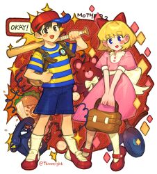 Rule 34 | 1boy, 1girl, 9twoeight, antique phone, backpack, bag, baseball bat, baseball cap, black eyes, black hair, blonde hair, blue shorts, blush, bow, burger, dress, food, franklin badge, hair bow, handbag, hat, highres, holding, holding baseball bat, looking at viewer, mother (game), mother 2, ness (mother 2), nintendo, open mouth, paula (mother 2), phone, pink dress, red bow, red footwear, rotary phone, shirt, shoes, short hair, short sleeves, shorts, smile, sneakers, socks, speech bubble, striped clothes, striped shirt, white socks