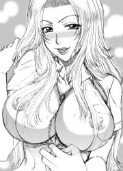 Rule 34 | 00s, 1girl, :p, adjusting hair, areola slip, between breasts, bleach, blush, breasts, center opening, chain, cleavage, collarbone, covered erect nipples, greyscale, hanzaki jirou, huge breasts, jewelry, large breasts, lipstick, long hair, looking at viewer, makeup, matsumoto rangiku, mole, mole under mouth, monochrome, naughty face, necklace, no bra, nose blush, open clothes, open shirt, pocket, school uniform, see-through, shirt, sidelocks, sketch, solo, tongue, tongue out, upper body, very long hair