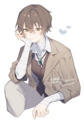 Rule 34 | 1boy, bandaged hand, bandages, bishounen, bntw22, brown eyes, brown hair, bungou stray dogs, cowboy shot, dazai osamu (bungou stray dogs), formal, heart, highres, jewelry, male focus, necklace, shirt, simple background, smile, solo, suit, vest, white background, white shirt