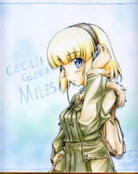 Rule 34 | 1girl, blonde hair, cecilia glinda miles, character name, headphones, masana hatuse, shikishi, short hair, solo, strike witches, traditional media, witches of africa, world witches series