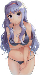 Rule 34 | 1girl, absurdres, bikini, blush, breast hold, breasts, cleavage, hairband, hand on own thigh, highres, idolmaster, idolmaster (classic), large breasts, long hair, navel, purple eyes, shijou takane, shuucream (syuichi), silver hair, simple background, smile, solo, swimsuit, white background