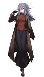 Rule 34 | 1girl, black footwear, black gloves, closed mouth, collarbone, commentary request, full body, gloves, green eyes, grey hair, hair between eyes, highres, long hair, long sleeves, looking at viewer, original, shirt, shoes, simple background, solo, standing, waka (shark waka), white background