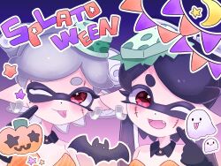 Rule 34 | 2girls, :p, bat (animal), black collar, black hair, bow-shaped hair, callie (splatoon), collar, commentary request, cousins, crescent moon, detached collar, earrings, fang, food, food on head, gradient background, grey hair, halloween, halloween costume, highres, hoop earrings, inkling, jack-o&#039;-lantern, jewelry, long hair, marie (splatoon), moon, multiple girls, nintendo, object on head, one eye closed, open mouth, pointy ears, purple background, red eyes, red pupils, sheet ghost, short hair, simple background, smile, splatoon (series), splatoon 3, star-shaped pupils, star (symbol), stitches, streamers, sushi, symbol-shaped pupils, tentacle hair, thick eyebrows, tonbofree, tongue, tongue out, upper body