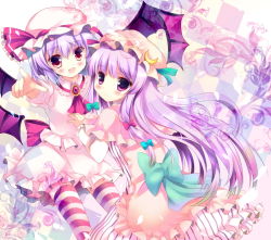 Rule 34 | 2girls, azumi kazuki, blush, bow, embodiment of scarlet devil, female focus, hair bow, hat, long hair, multiple girls, patchouli knowledge, pointing, purple eyes, purple hair, red eyes, remilia scarlet, striped clothes, striped legwear, striped thighhighs, thighhighs, touhou, wings