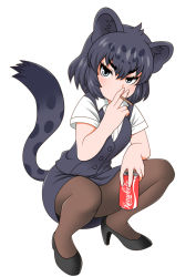 Rule 34 | 1girl, animal ears, bagua zhang, black jaguar (kemono friends), breasts, coca-cola, formal, grey eyes, jaguar ears, jaguar girl, jaguar print, jaguar tail, kemono friends, looking at viewer, medium breasts, office lady, pantyhose, pencil skirt, shirt, short hair, simple background, skirt, skirt suit, solo, suit, tail, white background