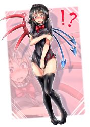 Rule 34 | !?, 1girl, asymmetrical wings, bare arms, black hair, black panties, black thighhighs, blush, bow, bowtie, breast hold, breasts, dress, dress tug, embarrassed, fang, finger gun, full body, highres, houjuu nue, medium breasts, microdress, no shoes, ototobe, panties, red bow, red bowtie, red eyes, short sleeves, solo, standing, tears, thighhighs, touhou, underwear, wavy mouth, wings, zoom layer