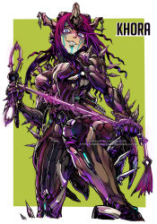 Rule 34 | 1girl, blue eyes, bodysuit, breasts, commentary, crazy eyes, dominatrix, english commentary, facial mark, grin, headgear, highres, holding, holding weapon, humanization, khora (warframe), knee up, lips, long hair, looking at viewer, medium breasts, mole, mole under mouth, multicolored bodysuit, multicolored clothes, parted lips, perfectcell18, purple pupils, smile, solo, standing, teeth, warframe, wavy hair, weapon