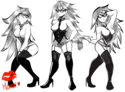 Rule 34 | 10s, 1girl, arm up, artist request, belt, belt buckle, bodysuit, boku no hero academia, boots, breasts, breasts apart, buckle, character name, closed mouth, cuffs, domino mask, garter straps, greyscale, hair between eyes, hand in own hair, hand on own hip, handcuffs, hands between legs, happy, heart, high heel boots, high heels, holding, holding whip, large breasts, leotard, long hair, looking at viewer, looking to the side, mask, midnight (boku no hero academia), monochrome, one eye closed, parted lips, skin tight, smile, smirk, solo, source request, spiked hair, standing, thighhighs, very long hair, whip, wink