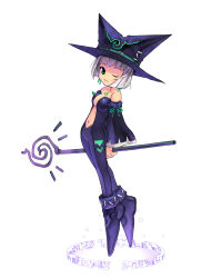 Rule 34 | 1girl, bare shoulders, cadie, floating, green eyes, hat, magic, magic circle, official art, one eye closed, pangya, simple background, smile, solo, staff, wand, wink, witch, witch hat