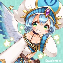 Rule 34 | 1girl, angel wings, bad id, bad pixiv id, belt, belt pouch, blue hair, blush, braid, breasts, cleavage, famiel (p&amp;d), gem, green eyes, grin, mashiro miru, navel, off shoulder, pouch, puzzle &amp; dragons, sleeves past wrists, small breasts, smile, solo, star (symbol), turban, twitter username, wide sleeves, wings