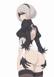 Rule 34 | 1girl, 2b (nier:automata), absurdres, artist request, ass, blindfold, breasts, closed mouth, commentary, feather trim, gloves, hairband, hands on own ass, highleg, highleg leotard, highres, leotard, long sleeves, medium breasts, mole, mole under mouth, nier:automata, nier (series), shiny skin, short hair, simple background, thighhighs, white background, white hair, xz