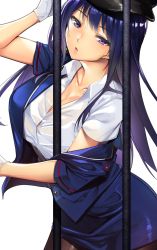 Rule 34 | 1girl, arm up, bars, black hat, blue jacket, blue skirt, blush, breasts, cleavage, collarbone, commentary, dress shirt, gloves, hat, highres, jacket, large breasts, long hair, open clothes, open jacket, open mouth, original, pantyhose, prison, purple eyes, purple hair, see-through, shirt, short sleeves, skirt, solo, tomohiro kai, white gloves, white shirt