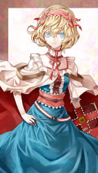 Rule 34 | 1girl, alice margatroid, blonde hair, blue dress, blue eyes, book, capelet, dress, embellished costume, grimoire, grimoire of alice, hairband, hand on own hip, kozou (soumuden), looking at viewer, obi, sash, short hair, solo, touhou