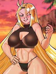 Rule 34 | 1girl, ;d, alternate costume, antenna hair, bare arms, bare shoulders, beach, bikini, black bikini, blonde hair, blurry, blurry background, breasts, cleavage, cleavage cutout, clothing cutout, cloud, commentary, covered collarbone, english commentary, fire emblem, fire emblem: genealogy of the holy war, gradient sky, hair between eyes, hand on own hip, hand up, highres, large breasts, legs apart, long hair, mnejing30, multicolored sky, navel, nintendo, one eye closed, open mouth, orange sky, outdoors, palm tree, pink sky, sky, smile, solo, standing, swimsuit, teeth, thighs, tree, twilight, ullr (fire emblem), upper teeth only, v-shaped eyebrows, very long hair, yellow eyes