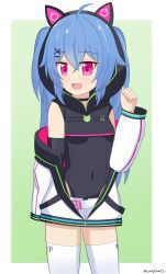 Rule 34 | 1girl, animal ears, artist name, belly, belt, blue hair, breasts, cat ears, chiaki katsumi, commission, fake animal ears, hair ornament, hairclip, highres, hood, hoodie, jacket, looking at viewer, navel, open mouth, pink eyes, pixellink, shorts, simple background, small breasts, smile, solo, thighhighs, thighs, virtual youtuber, zipper