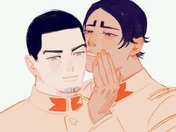 Rule 34 | 2boys, black eyes, black hair, bright pupils, brown jacket, chengongzi123, collared jacket, commentary, dark-skinned male, dark skin, facial hair, goatee, golden kamuy, grey eyes, hand up, highres, jacket, koito otonoshin, long sleeves, looking at another, male focus, military uniform, multiple boys, open mouth, pale color, parted lips, short hair, simple background, symbol-only commentary, tsukishima hajime, uniform, upper body, very short hair, whispering, whispering in ear, white background