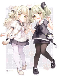 2girls arm_up bag black_footwear black_pantyhose black_shirt black_shorts black_skirt blonde_hair brown_eyes brown_hair full_body hair_ornament highres holding_hands kito_(sorahate) long_hair looking_at_viewer multiple_girls open_mouth original pantyhose pleated_skirt shirt shoes short_sleeves shorts skirt smile twintails two_side_up white_footwear white_pantyhose white_shirt