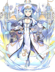Rule 34 | 1boy, 2girls, :d, aircraft, airship, animal, armor, black gloves, black hair, blue eyes, blue hair, boots, breasts, brown eyes, rabbit, castle, cleavage, day, earrings, flag, gauntlets, glasses, gloves, hat, holding, holding animal, holding staff, isegawa yasutaka, jewelry, long hair, multiple girls, open mouth, original, outdoors, sheath, sheathed, silver hair, smile, staff, standing, sword, weapon, white footwear
