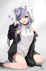 Rule 34 | 1girl, bare shoulders, black choker, black hair, black jacket, choker, clenched hand, eyebrows, fang, female focus, highres, hood, hoodie, horns, jacket, looking at viewer, mole, mole under mouth, multicolored hair, namiura, nijisanji, off shoulder, official alternate costume, open mouth, paw pose, purple hair, rindou mikoto, skin-covered horns, skin fang, sleeveless, sleeveless hoodie, smile, solo, streaked hair, thick eyebrows, thighs, virtual youtuber, white hoodie