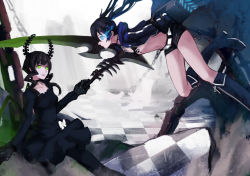 Rule 34 | 10s, 2girls, belt, bikini, bikini top only, black bikini, black dress, black hair, black legwear, black rock shooter, black rock shooter (character), black shorts, blue eyes, chain, dead master, dress, eye contact, flaming eye, green eyes, hfp~kubiao, hfp～kubiao, highres, holding, holding weapon, long hair, looking at another, multiple girls, navel, scar, short shorts, shorts, swimsuit, twintails, weapon