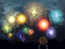 Rule 34 | 1girl, arms at sides, berabou, black vest, blonde hair, collared shirt, fireworks, forest, from behind, hair ribbon, long sleeves, looking afar, nature, night, night sky, ribbon, rumia, shirt, short hair, silhouette, sky, smoke, solo, touhou, tree, upper body, watching, white shirt, wind