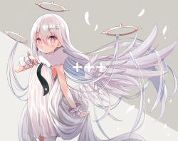 Rule 34 | 1girl, angel, angel wings, closed mouth, dress, feathered wings, fur collar, grey background, grey wings, hair between eyes, halo, highres, long hair, looking at viewer, original, petals, red eyes, silver hair, siragagaga, sleeveless, sleeveless dress, solo, symbol-shaped pupils, two-tone background, very long hair, white background, white dress, wings, wrist cuffs